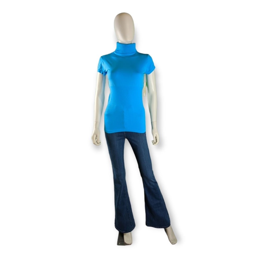 Connection 18 Body Fit Turtle Neck Rib Top Aqua L